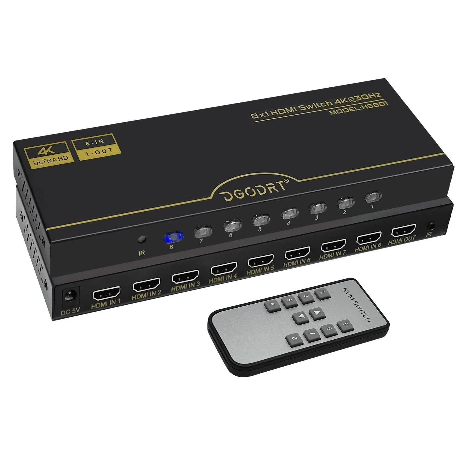 DGODRT 8×1 HDMI Switch 8 in 1 Out, 8 Port 4K HDMI Switcher Selector Box with ...