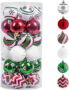 Valery Madelyn Christmas Ornaments Tree Decorations, 30ct Red Green White Shatterproof Christmas Ball Ornaments Set, 2.36 Inch Decorative Hanging Ornament Bulk for Xmas Holiday Party Decor