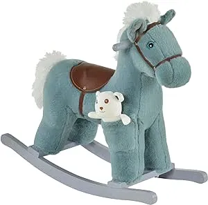 Qaba Kids Plush Ride-On Rocking Horse with Bear Toy, Children Chair with Soft Plush Toy & Fun Realistic Sounds, Blue