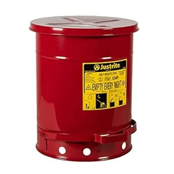 Justrite 10 Gallon Galvanized Steel Oily Waste Can, 18" x 14" Metal Oil Rag Safety Can with Quiet Foot Operated Self-Closing Lid for Oil Rag Disposal, Made in The USA, Red, 09308