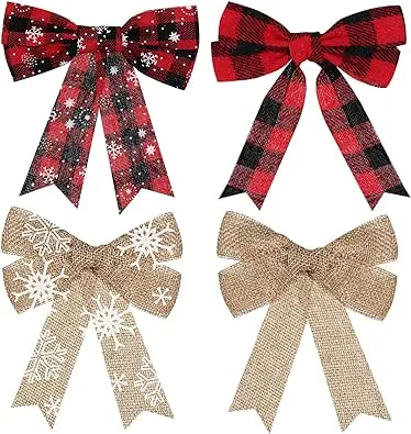 WILLBOND 20 Pieces Christmas Red Buffalo Plaid Bow Christmas Bows Snowflake Burlap Bows Rustic Holiday Decorative Bows for Christmas Tree Wreath Crafts DIY Bow Decorations