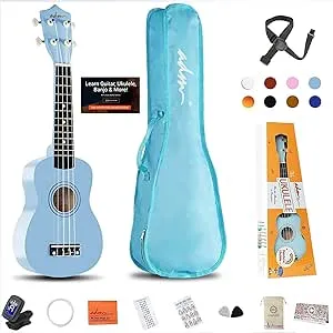 ADM Ukulele for Beginners Hawaiian Wood Ukelele Kit for Kids Adult Student Starter Professional Ukalelee Pack Bundle with Free Lessons Gig Bag Strap Nylon String Tuner (Blue, 21 Inch)