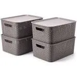 EZOWARE 4pcs Lidded Storage Bins, Plastic Stackable Weaving Wicker Basket Containers set with Lid and Handle - Gray, 11x7.3x5.1 Inches