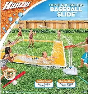 BANZAI Home Run Splash Baseball Slide, Length: 14 ft, Width: 14 ft, Inflatable Outdoor Backyard Water Slide Splash Toy, Baseball Bat & Ball Included