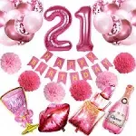 Crenics 21st Birthday Decorations for Her - Rose Pink Happy Birthday Banner, Pom Poms, 21 Number Balloon, Lipstick Champagne Balloons and 24 Latex Balloons for 21st Girls Women Birthday Party Supplies