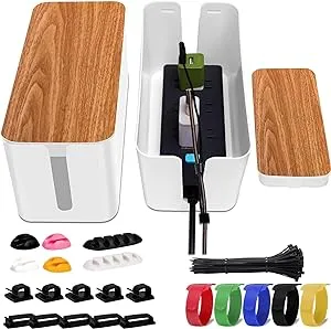 YUANYE Cable Management Box 2 Pack with 122 Cable Clips Set, Large Cord Organizer Box Hide Power Strip for Computer, Router, USB Hub and Under Desk Power Strip, Safe ABS Material Cord Management