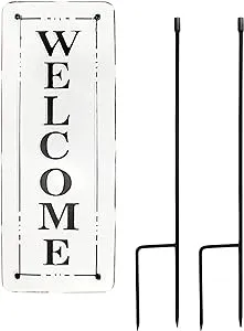 AuldHome Metal Outdoor Welcome Sign; Black and White Enamel Coated Steel Yard Sign