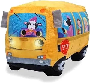 Cuddle Barn | Wheelie 8" School Bus Singing Stuffed Animal Plush Toy | Mouth Moves and Eyes Light Up | Sings Wheels on The Bus