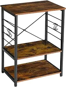 YMYNY Standing Baker's Racks, 3-Tier Kitchen Microwave Oven Stand with Metal Frame and 6 Hooks, Multifunctional Coffee Bar Table for Living Room, Panel Height Adjustable, Rustic Brown, UHTMJ022H