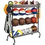 Basketball Rack, Garage Ball Storage Stand 4-Layer Ball Rack Rolling Balls Organizer with Baseball Bat Holder & Hooks Sport Equipment Storage Cart with Wheels for Football Volleyball Soccer