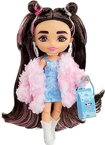 Barbie Extra Minis Doll & Accessories with Brunette Hair & Brown Eyes, Wearing a Pink Faux Fur Coat & Purse, 5.5-inch