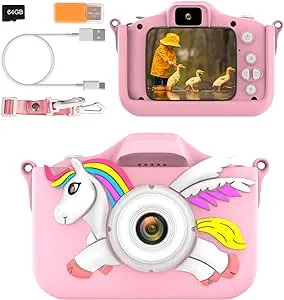 Kids Camera for Girls Boys Toddlers Childrens Age 3-8 Digital Selfie with 64GB Card for Son Daughter Grandson Granddaughter Christmas Birthday Gifts