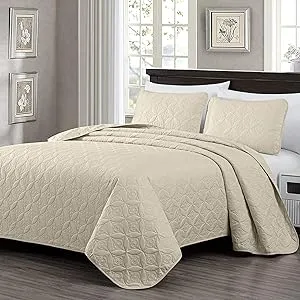 Chezmoi Collection Florenz 3-Piece Ultrasonic Medallion Quilting Oversized Bedspread Coverlet Set, King, Beige