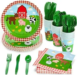 Juvale 144-Piece Barnyard Birthday Party Supplies Set, Farm Animal Party Decorations with Paper Plates, Dinner Napkins, 9 oz Cups, & Plastic Cutlery (Serves 24 Guests) - Farm Birthday Party Supply Set