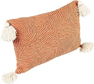 Bloomingville Cotton Embroidery and Tassels, Rust and Natural Lumbar Pillow, Terra-Cotta