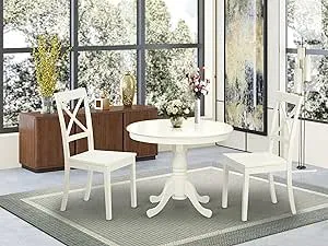 East West Furniture ANBO3-LWH-W 3 Piece Kitchen Table & Chairs Set Contains a Round Dining Room Table with Pedestal and 2 Solid Wood Seat Chairs, 36x36 Inch, Linen White