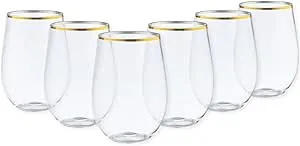 Elegant Stemless Wine Goblets - 16 oz (Pack of 6) - Clear with Luxurious Gold Rim - Chic, Durable & Timeless Design - Perfect for Entertaining and Celebrations