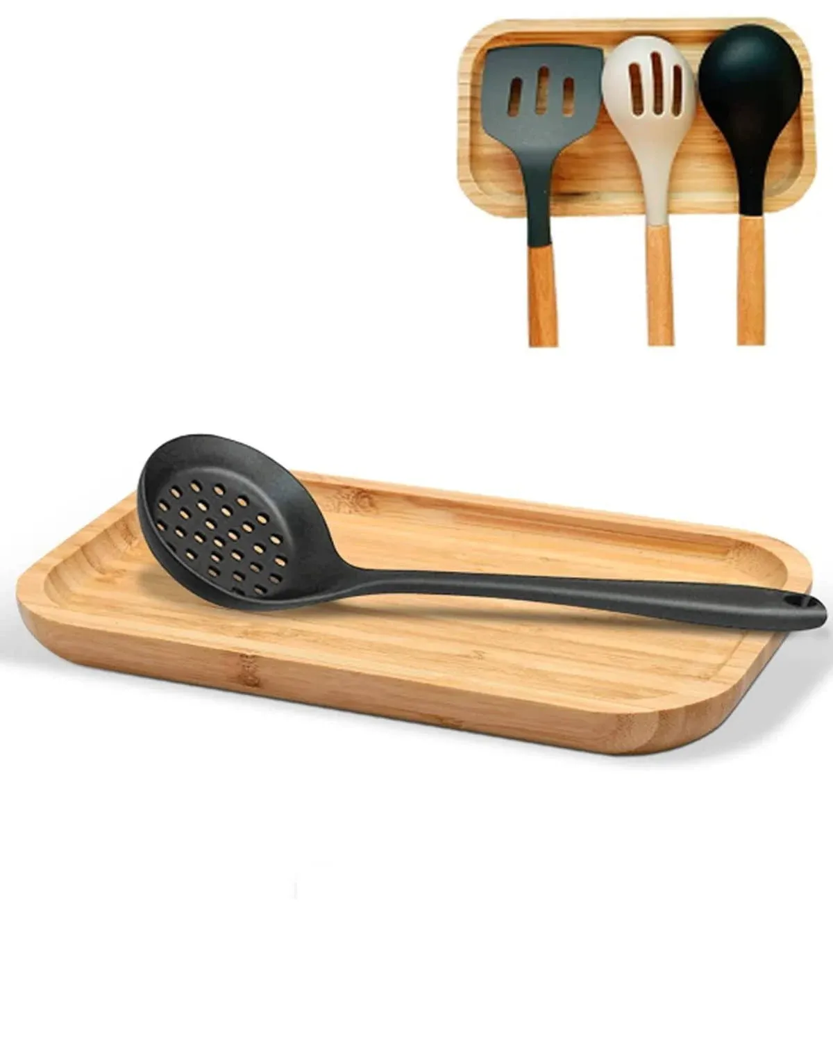 Large Wooden Spoon Rest, 9.7'' Stove Top Bamboo Spoon Holder, Kitchen Counter Cooking Utensils Rest, Farmhouse Small Food Serving Tray for Spatulas, Spoons,Turners, Ladles and Teaspoons