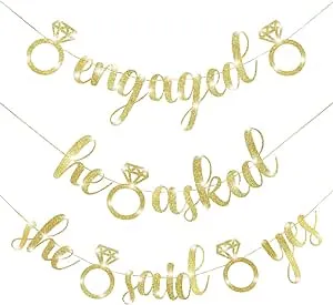 Engagement Party Banners Glitter Gold Letters He Asked She Said Yes 