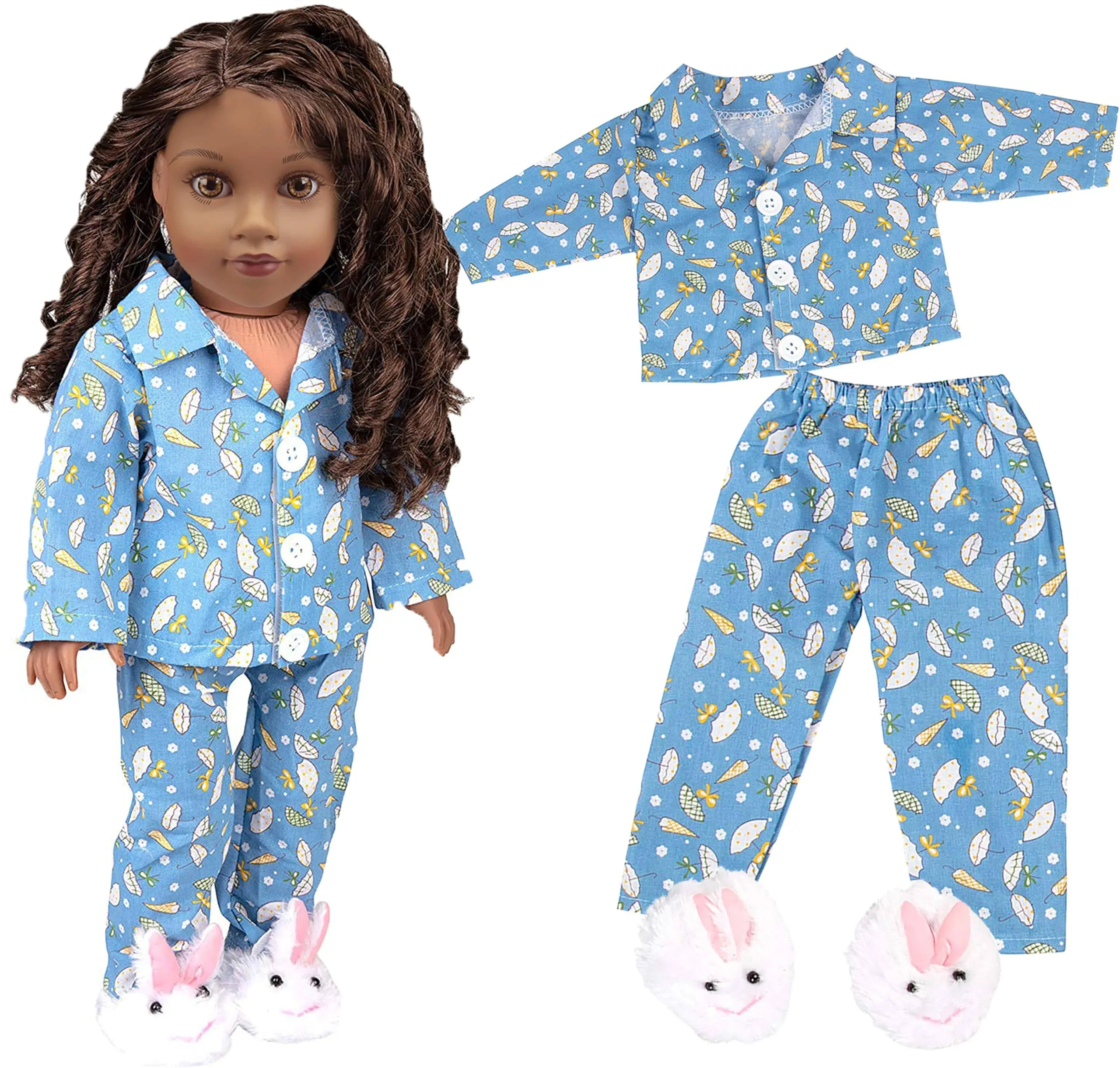 3pc Cozy Blue Pajama Outfit w Bunny Slippers - 18" Doll Clothes & Accessories Compatible w American Girl Dolls - Set Includes April Showers PJ Top & Bottom, & White Rabbit Slippers - Gifts for Girls