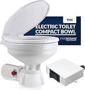 TMC Electric Marine Toilet, RV Toilet with Clamp-On Hose Connection, Boat Toilet, Compact Design Bowl, Heavy-Duty Macerator Pump, On-Off Flush Control Switch, Quiet Soft-Close Lid, 12V DC - FO720