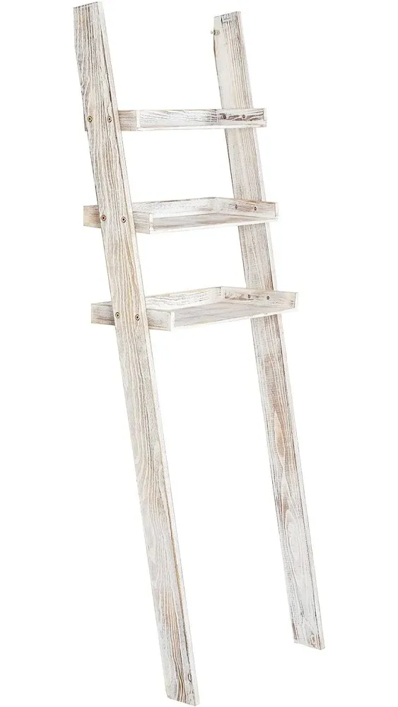 MyGift Wood Over-the-Toilet Leaning Bathroom Ladder Shelf, Whitewashed 3-Tier, Beige