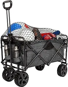 MacSports XL Heavy Duty Collapsible Outdoor Folding Camping Gear Grocery Cart Portable Lightweight Utility Adjustable Rolling Cart All Terrain Sports Beach Wagon with Cargo Net