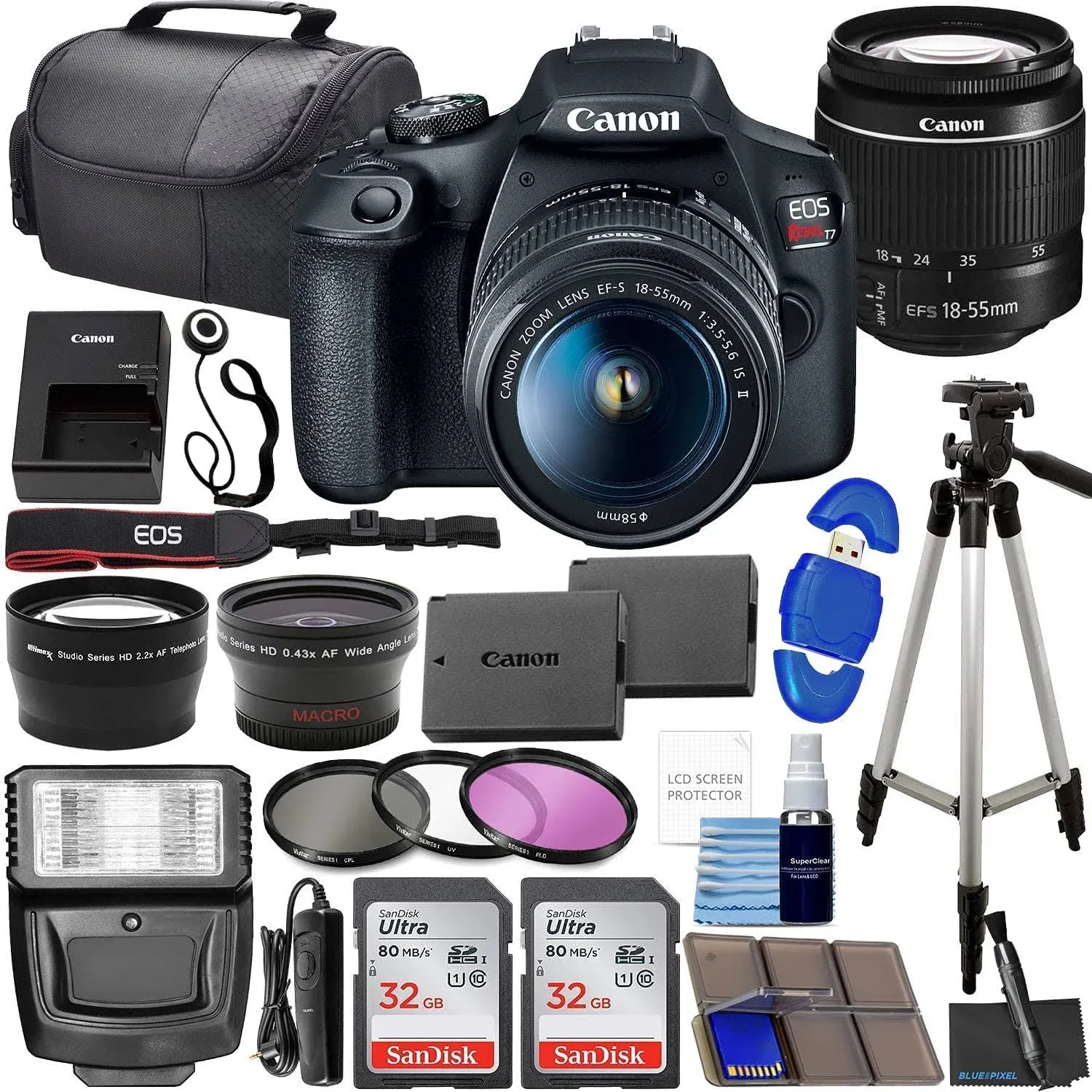 Canon EOS Rebel T7 DSLR Camera Bundle with Canon EF-S 18-55mm f/3.5-5.6 is II Lens + 2X 32GB Memory Cards + Filters + Preferred Accessory Kit, Black (Renewed)