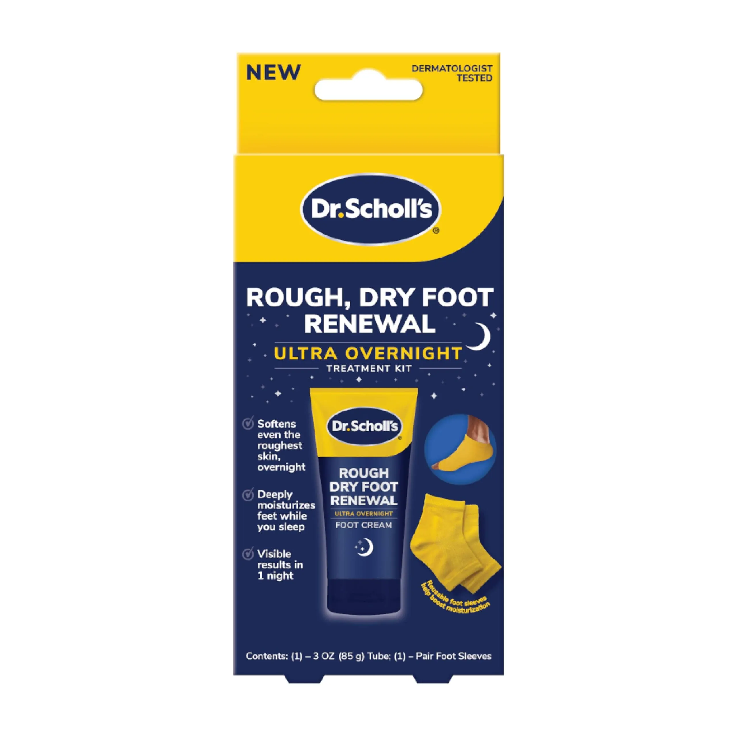 Dr. Scholl's Rough, Dry Foot Renewal Ultra Overnight Treatment with Overnight Foot Cream 3oz with Aloe, Coconut Oil & Urea and Heel Sleeve Socks, Deeply Moisturize & Soften Feet, Dermatologist Tested