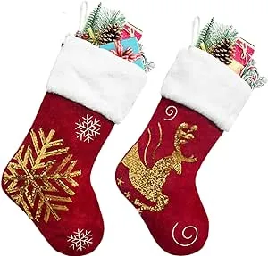 Christmas Stockings 2 Pcs 18 inches Christmas Stockings Burlap with Large Plu...