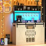 Vinctik 6&Fox Farmhouse LED Coffee Bar w/60000-color Lights,Power Outlet,7 Hooks,9Wink Racks,Adjustable Shelf for Tea Liquor Wine.Sliding Glass Door