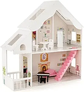 Costzon Kids Wooden Dollhouse, 2-in-1 Cottage Dollhouse Bookcase w/ 6 Rooms and Hidden Storage, 2 Tiers Pretend Toy Set w/ 8 PCS Furniture for