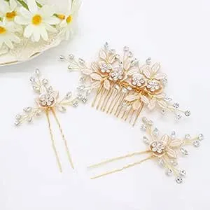 Oriamour Hair Side Combs with 2 Set Hair Pins Bridal Hair Accessories Wedding Headpiece Set (Gold)