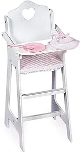 Badger Basket Wooden Doll High Chair with Feeding Tray, Bib, Personalization Kit, and Accessories - Fits 18-Inch Dolls, White with Pink Gingham Seat for Pretend Play