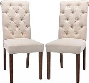 Tufted Fabric Dining Chair with Rolled Back, Set of 2 - Brown