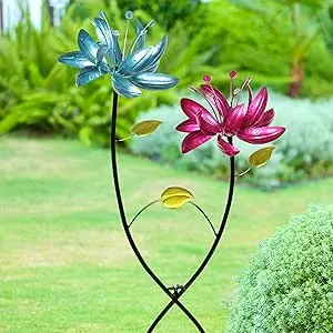 Exhart Wind Spinner, Lotus Flower Garden Stake with 4 Flowers, Wind Powered Metal Outdoor Garden Decor and Yard Art, 17 x 72 Inch