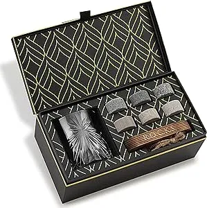 Whiskey Stones & Old Fashioned Cocktail Glass Gift Set - 6 Handcrafted Granite Round Chilling Rocks - Crystal Soleil Whiskey Glasses (11oz) - Hardwood Presentation Tray - Gold Foil Box