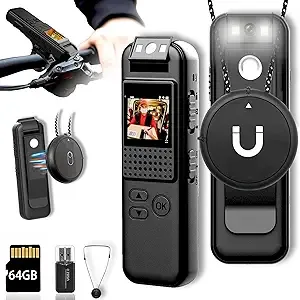 Body Camera with 1080p Recording 0.9in Screen & 180° Rotating Lens Built-In Magnetic 64GB Card with Night Vision, 3 HR Battery Life Wearable Police CA