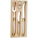 Jean Dubost Laguiole 3-Piece Cheese Set, Ivory Handles - Rust-Resistant Stainless Steel - Includes Wooden Tray - Made in France