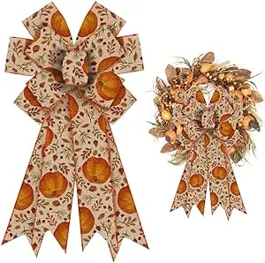 ALIBBON Large Fall Bows for Wreaths, Thanksgiving Wreath Bows, Orange Fall Bows, Pumpkin Leaves Bows for Front Door, Fall Thanksgiving Decor, Burlap Bows for Wreath Indoor Outdoor Wall Decorations