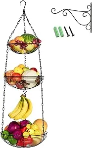 HULISEN 3 Tier Hanging Fruit Basket with Banana Hook, Heavy Duty Wire Hanging Baskets for Kitchen Storage, 35.4 Inch Hanging Vegetable Produce Basket Organizer (Including Installation Bracket)