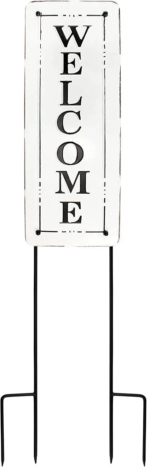 White Enamel Outdoor Welcome Sign, Black and White Metal Yard Sign