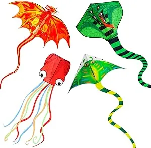 Crogift 4 Pack Kites - Large Fire Dragon Kite Green Snake Kite Devil Fish Kite Red Mollusc Octopus with Long Colorful Tail for Kids Adults Outdoor