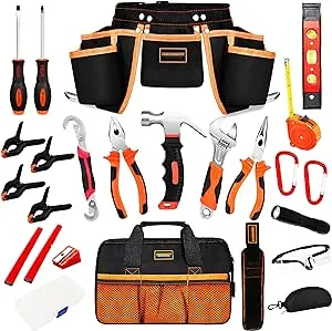 25 Pieces Kids Real Tool Kit Children Real Tool Set with Real Hand Tools, Kids Tool Belt, Pouch Bag,Magnetic Wristband for Small Hands DIY Woodworking Projects Home Repair