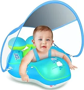 LAYCOL Baby Swimming Pool Float with Removable UPF 50+ UV Sun Protection Canopy,Toddler Inflatable Pool Float for Age of 3-36 Months,Swimming Trainer (Blue, S)