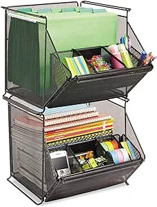 Onyx Stackable Mesh Storage Bin, 4 Compartments, Steel Mesh, 14 X 15.5 X 11.75, Black