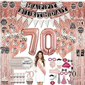 70th birthday decorations for women - (76pack) rose gold party Banner, Pennant, Hanging Swirl, birthday Balloons, Foil Backdrops, cupcake Topper, plates, Photo Props, Birthday Sash for gifts women