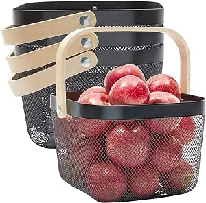 Juvale 4 Pack Square Metal Mesh Fruit Basket with Wooden Handle for Kitchen, Pantry, Storage, Organization (9.5 x 7 In, Black)