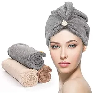 YFONG 3 Pack Hair Drying Towels, Hair Towel with Button, Super Absorbent Microfiber Hair Towel for Curly Hair, Fast Drying Hair Wraps for Women Girls, Microfiber Towel for Hair