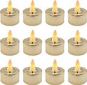 LumaBase Battery Operated 3D Wick Flame Tea Lights, Gold - Set of 12